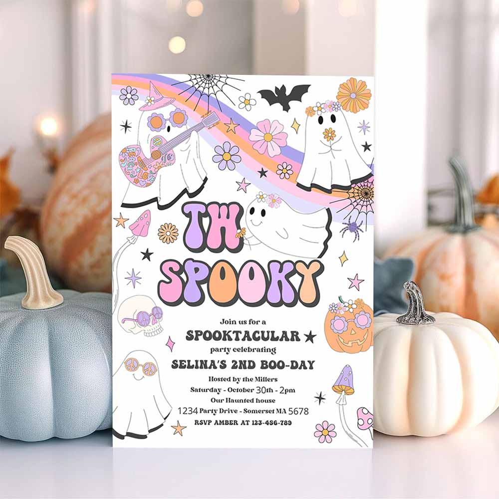 Two Spooky Halloween Ghost 2nd Birthday Invitation Retro Groovy Rainbow Ghost Birthday Hippie Halloween Party