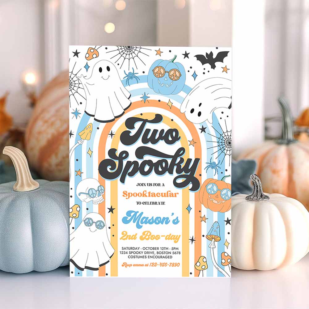 Two Spooky Halloween Ghost 2nd Birthday Invitation Retro Groovy Rainbow Ghost Birthday Hippie Halloween Party