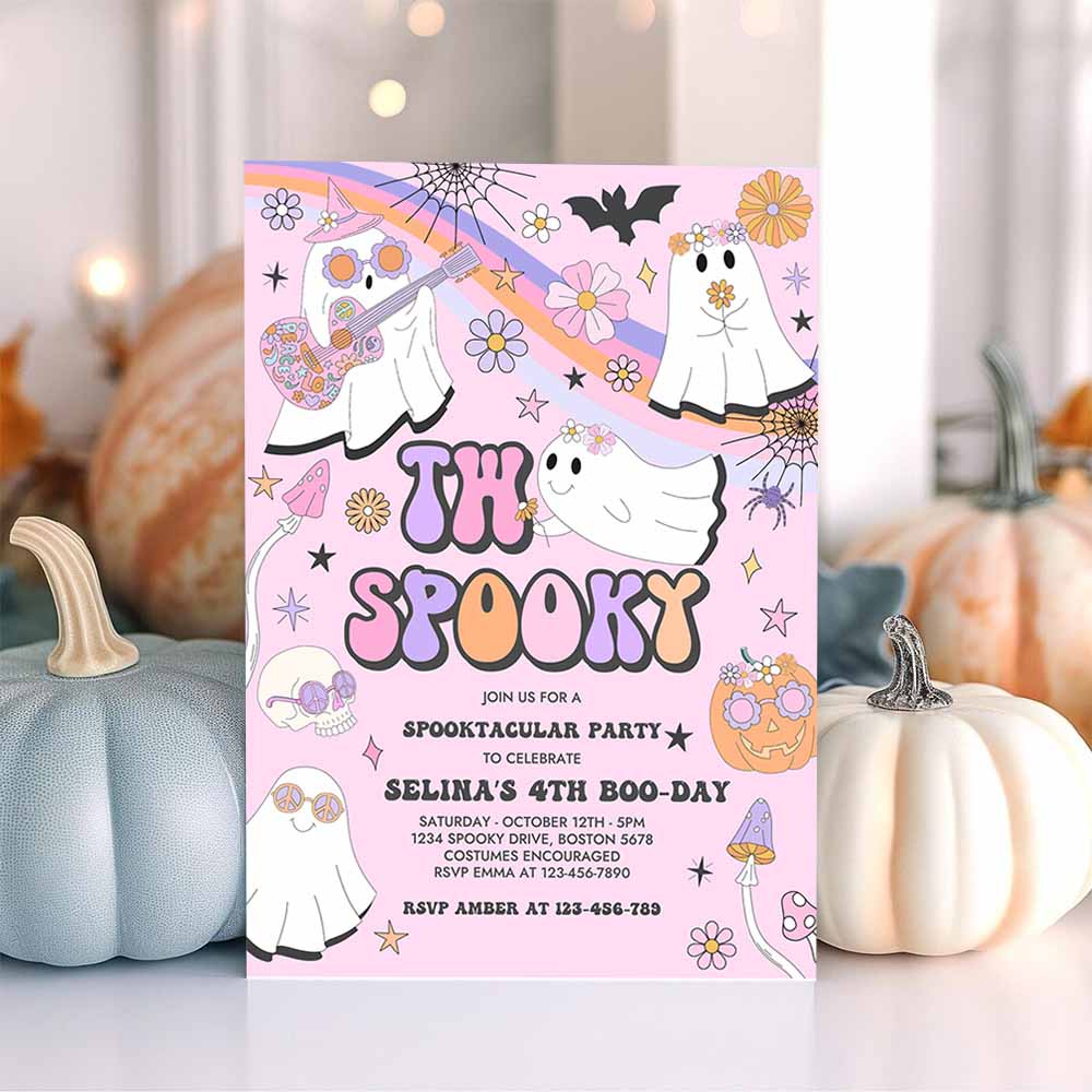 Two Spooky Halloween Ghost 2nd Birthday Invitation Retro Groovy Rainbow Ghost Birthday Hippie Halloween Party