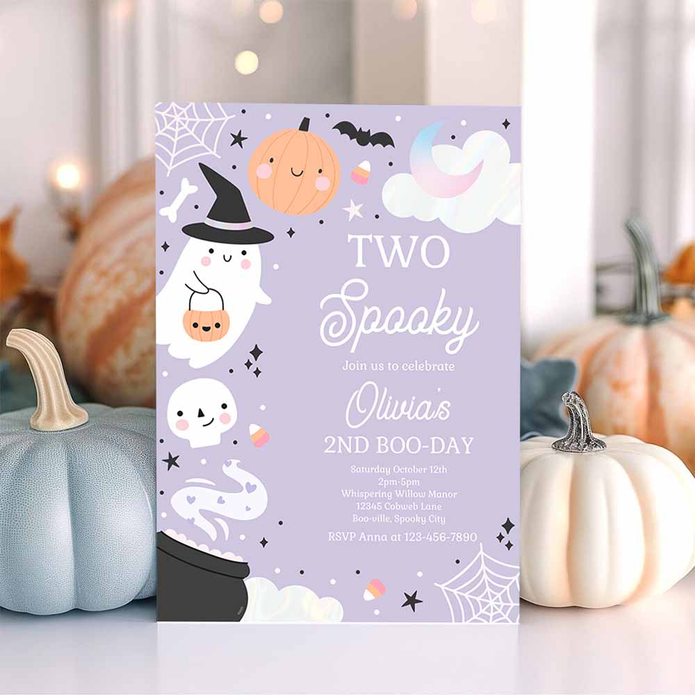 Two Spooky Halloween Ghost 2nd Birthday Party Invitation Boho Groovy Ghost Halloween Birthday Party Invite