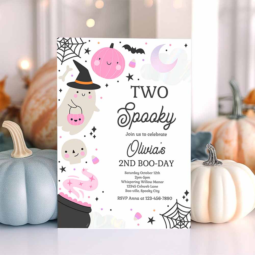 Two Spooky Halloween Ghost 2nd Birthday Party Invitation Boho Groovy Ghost Halloween Birthday Party Invite