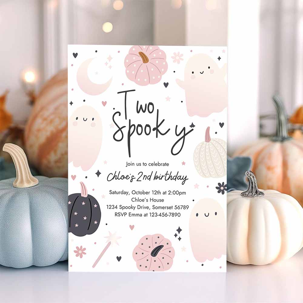 Two Spooky Halloween Ghost 2nd Birthday Party Invitation Boho Groovy Ghost Halloween Birthday Party Invite