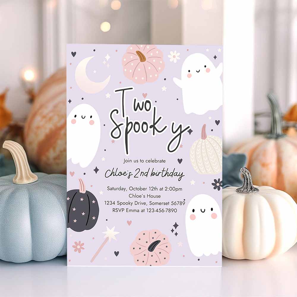 Two Spooky Halloween Ghost 2nd Birthday Party Invitation Boho Groovy Ghost Halloween Birthday Party Invite