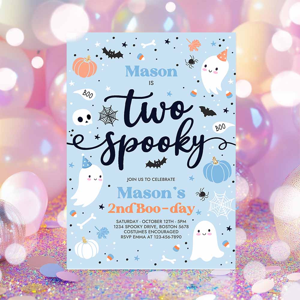 Two Spooky Halloween Ghost 2nd Birthday Party Invitation Cute Boy Ghost 2nd Birthday Spooktacular 2nd Birthday