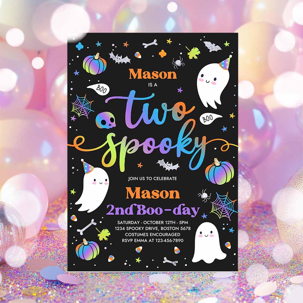 Two Spooky Halloween Ghost 2nd Birthday Party Invitation Cute Boy Ghost 2nd Birthday Spooktacular 2nd Birthday