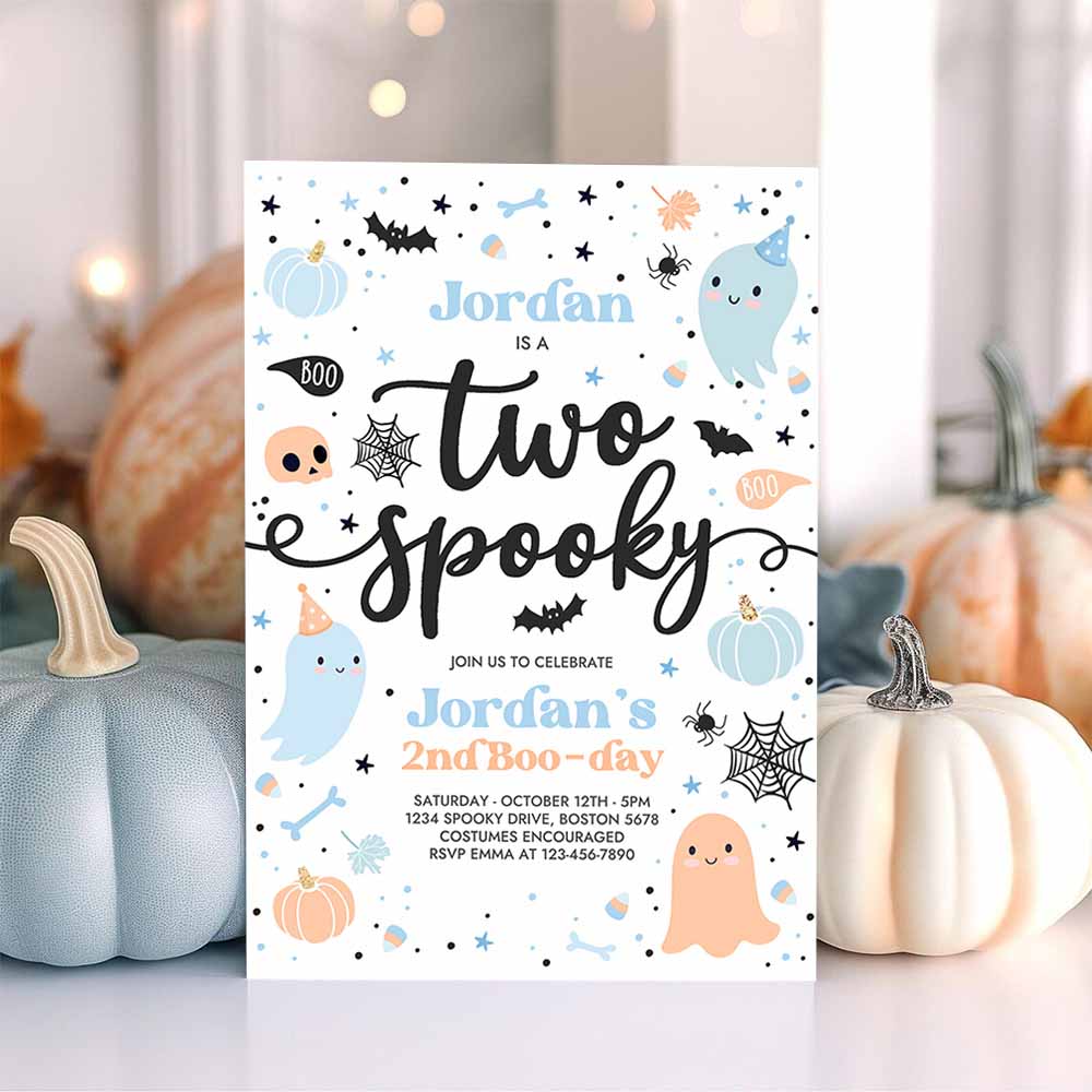 Two Spooky Halloween Ghost 2nd Birthday Party Invitation Cute Boy Ghost 2nd Birthday Spooktacular 2nd Birthday