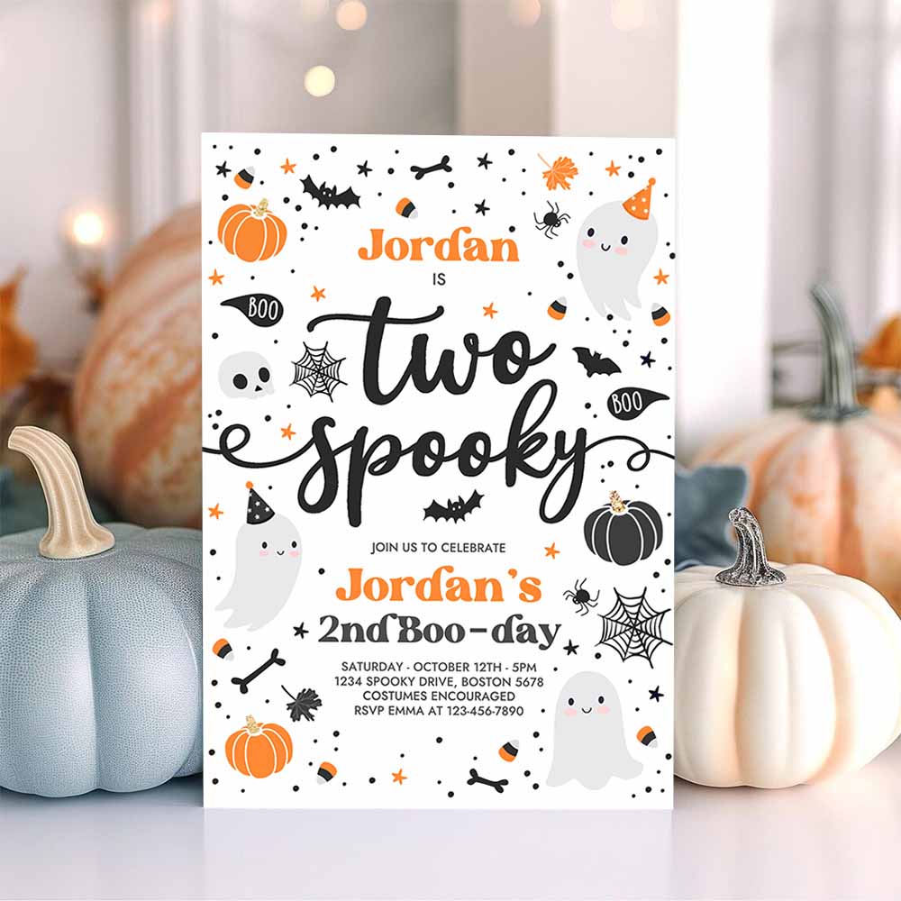 Two Spooky Halloween Ghost 2nd Birthday Party Invitation Cute Boy Ghost 2nd Birthday Spooktacular 2nd Birthday