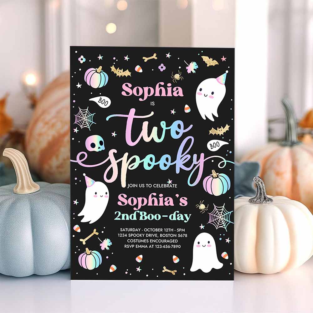 Two Spooky Halloween Ghost 2nd Birthday Party Invitation Cute Pink Ghost 2nd Birthday Spooktacular 2nd Birthday