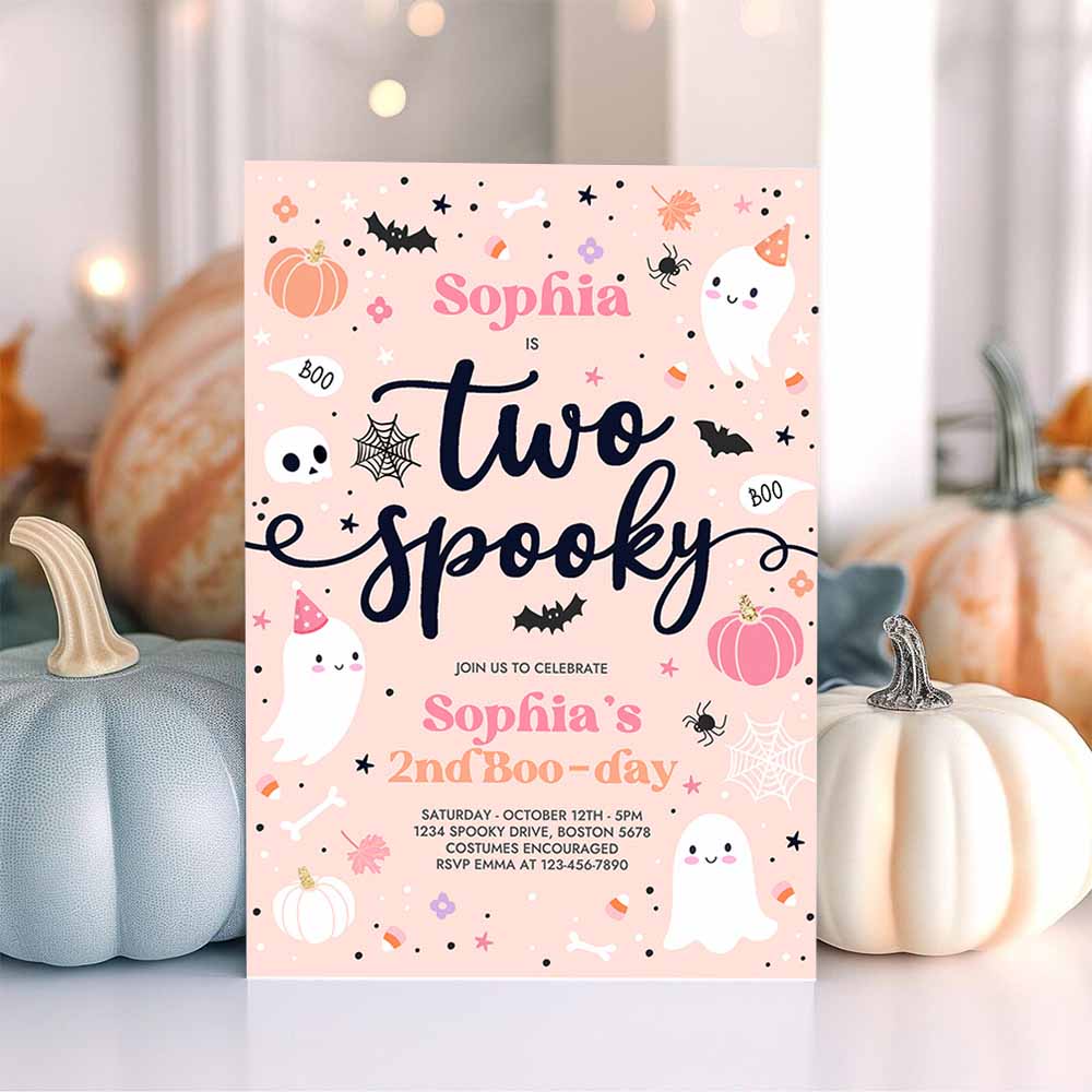 Two Spooky Halloween Ghost 2nd Birthday Party Invitation Cute Pink Ghost 2nd Birthday Spooktacular 2nd Birthday