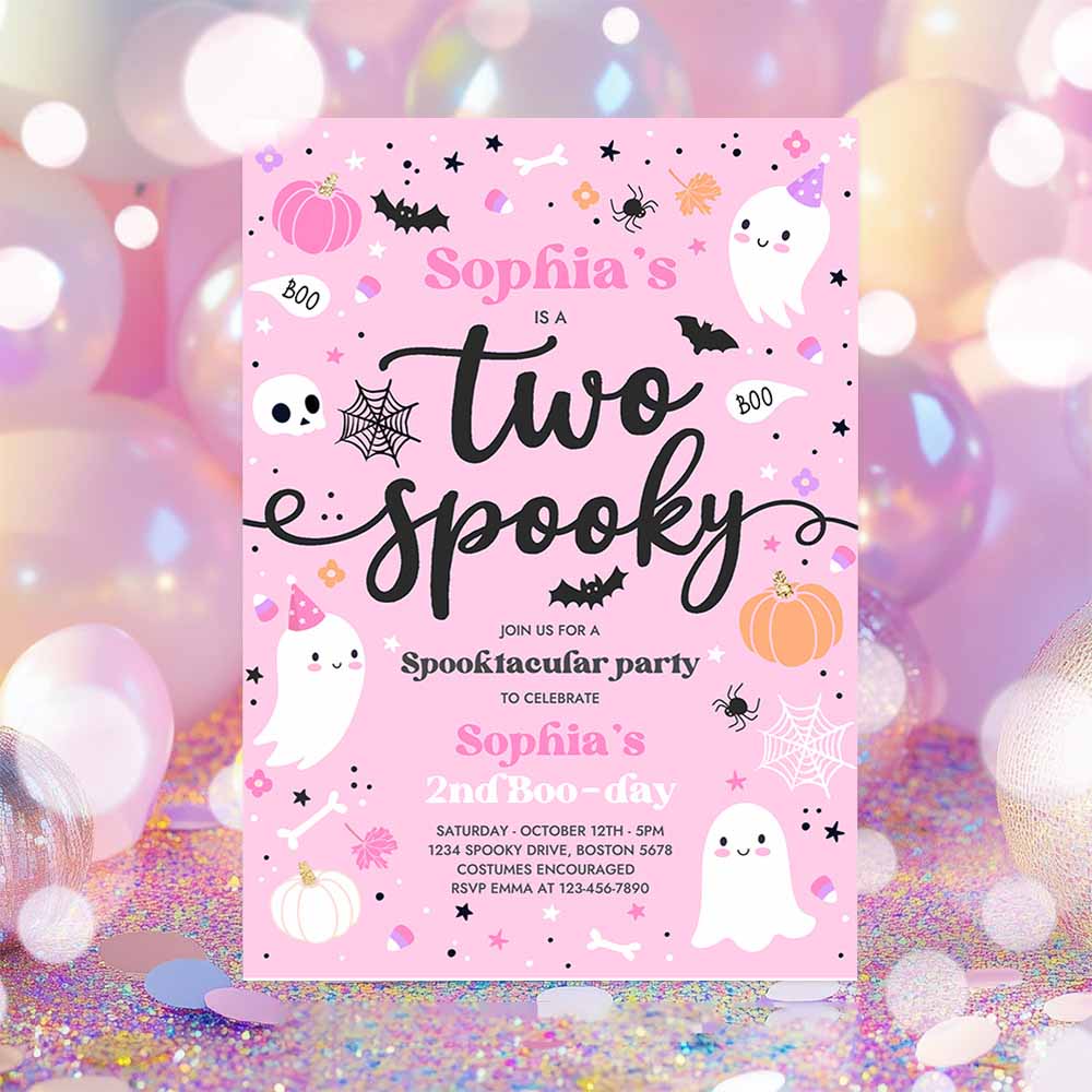 Two Spooky Halloween Ghost 2nd Birthday Party Invitation Cute Pink Ghost 2nd Birthday Spooktacular 2nd Birthday