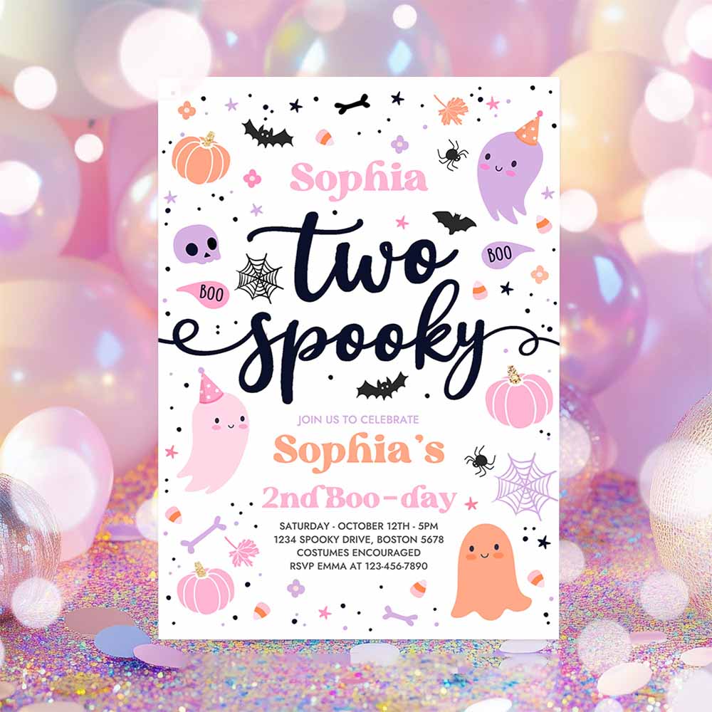 Two Spooky Halloween Ghost 2nd Birthday Party Invitation Cute Pink Ghost 2nd Birthday Spooktacular 2nd Birthday