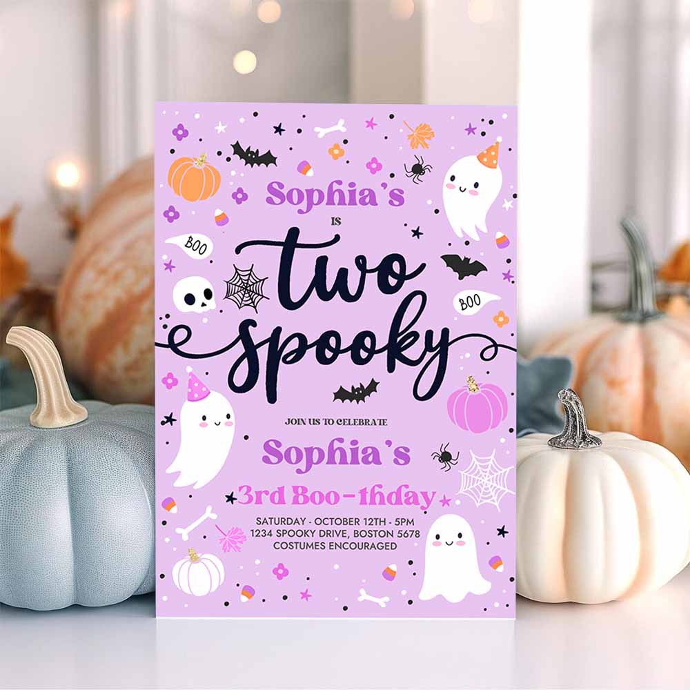 Two Spooky Halloween Ghost 2nd Birthday Party Invitation Purple Ghost 2nd Birthday Spooktacular 2nd Birthday