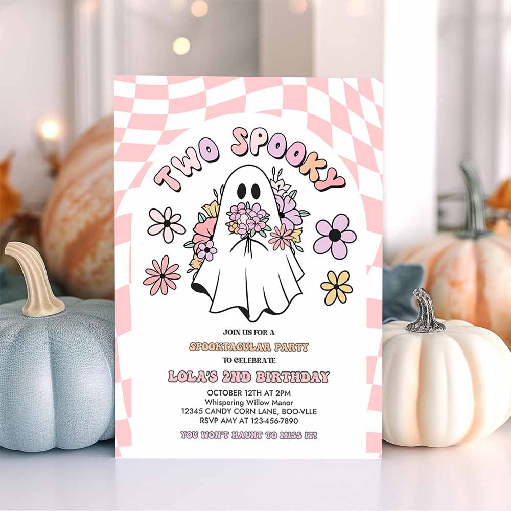 Two Spooky Halloween Ghost 2nd Invitation Retro Groovy Pink Ghost Halloween Birthday Party