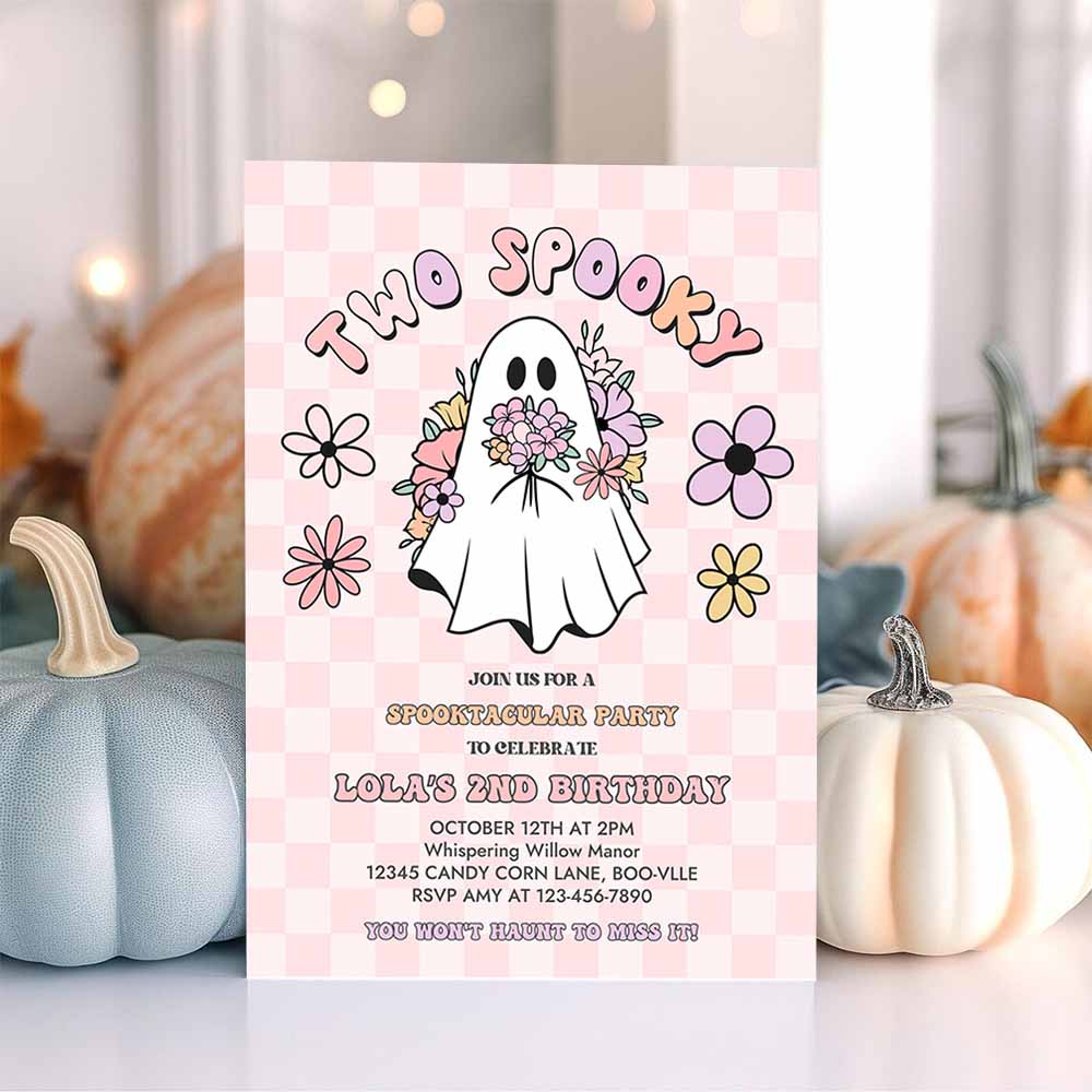 Two Spooky Halloween Ghost 2nd Invite Retro Groovy Pink Ghost Halloween Birthday Party