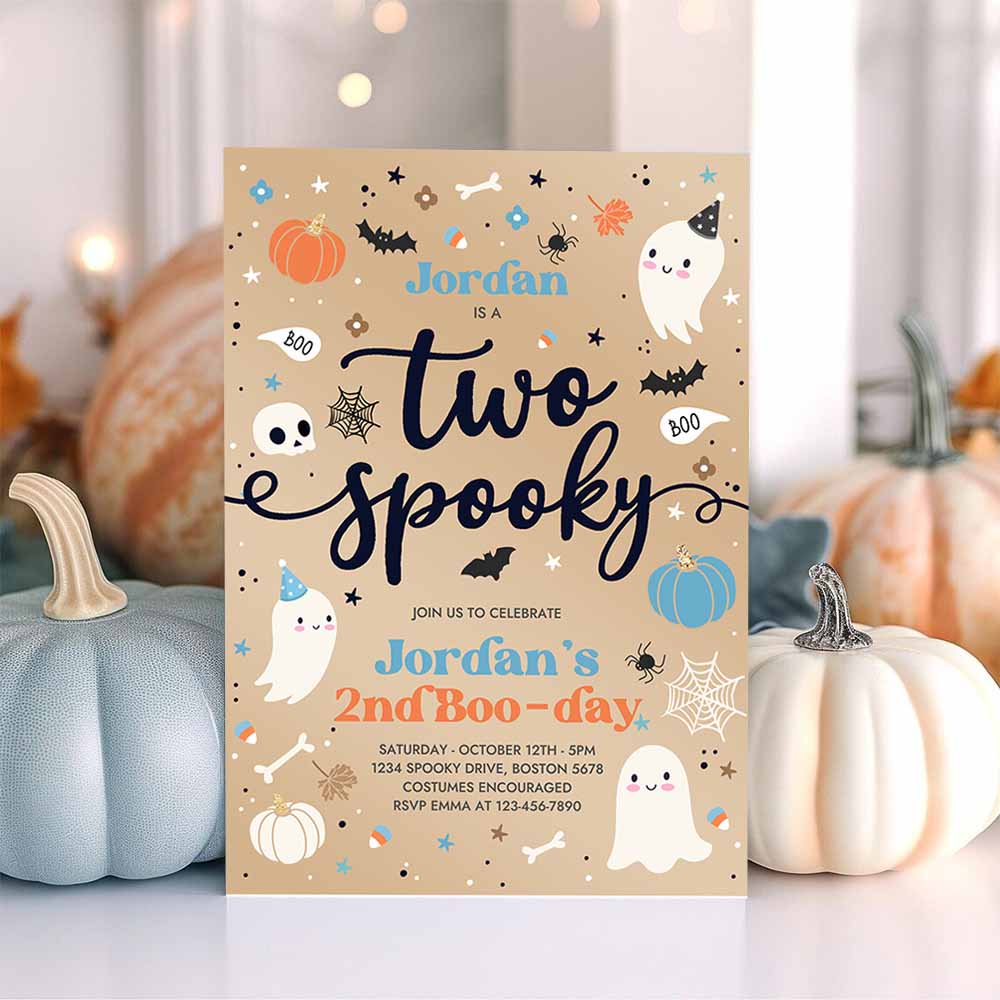 Two Spooky Vintage Halloween Ghost 2nd Birthday Party Invitation Blue Ghost 2nd Birthday Party Spooktacular