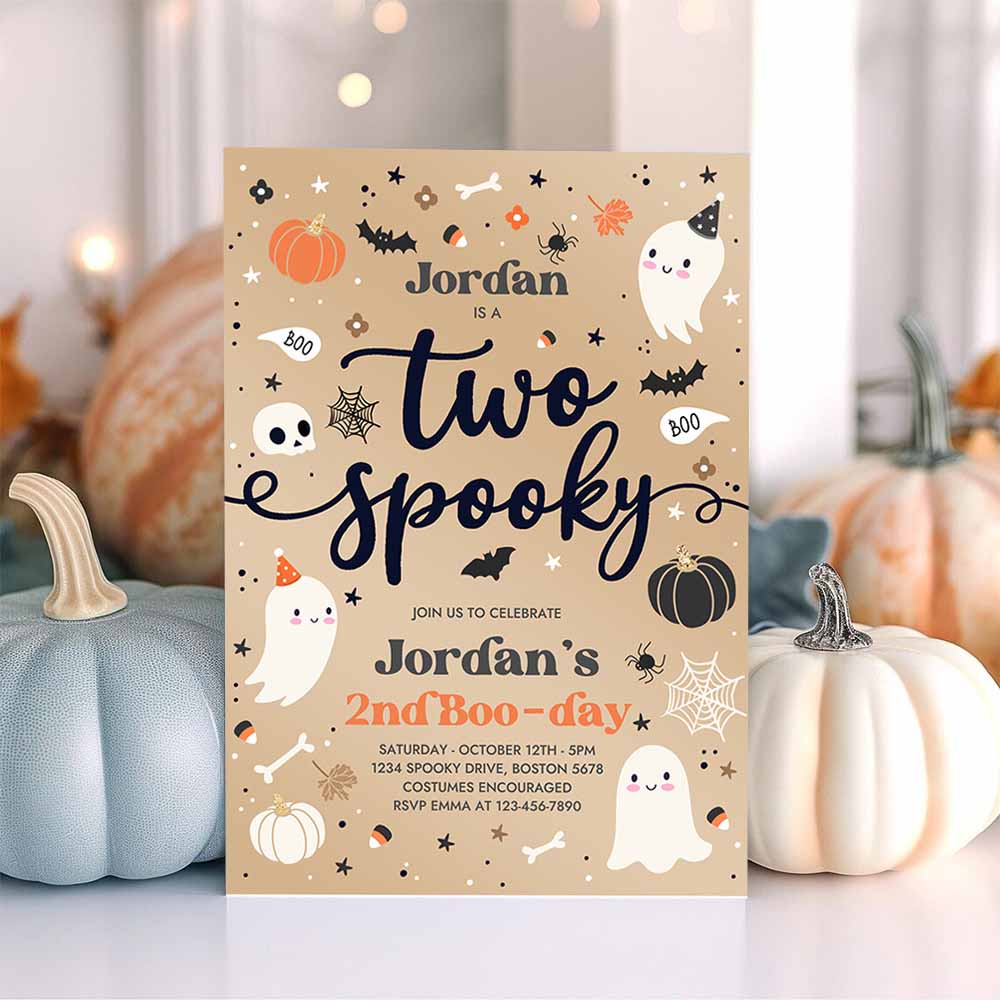 Two Spooky Vintage Halloween Ghost 2nd Birthday Party Invitation Blue Ghost 2nd Birthday Party Spooktacular