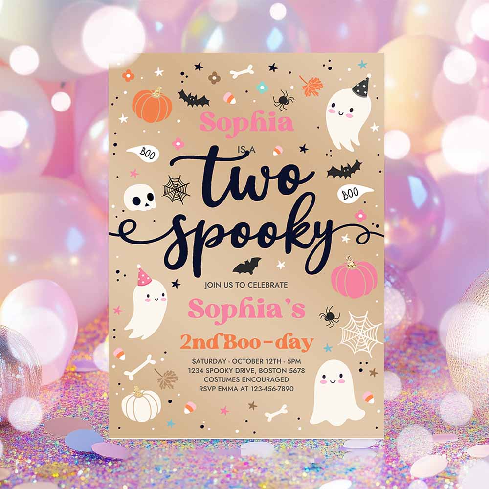 Two Spooky Vintage Halloween Ghost 2nd Birthday Party Invitation Pink Ghost 2nd Birthday Party Spooktacular