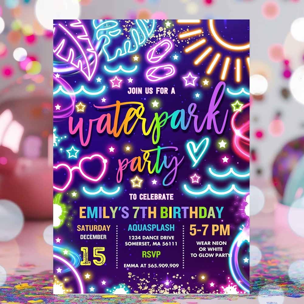 Water Park Birthday Party Invitation Glow Neon Aquapark Summer Water Slide Splash Pad Water Park Birthday Party