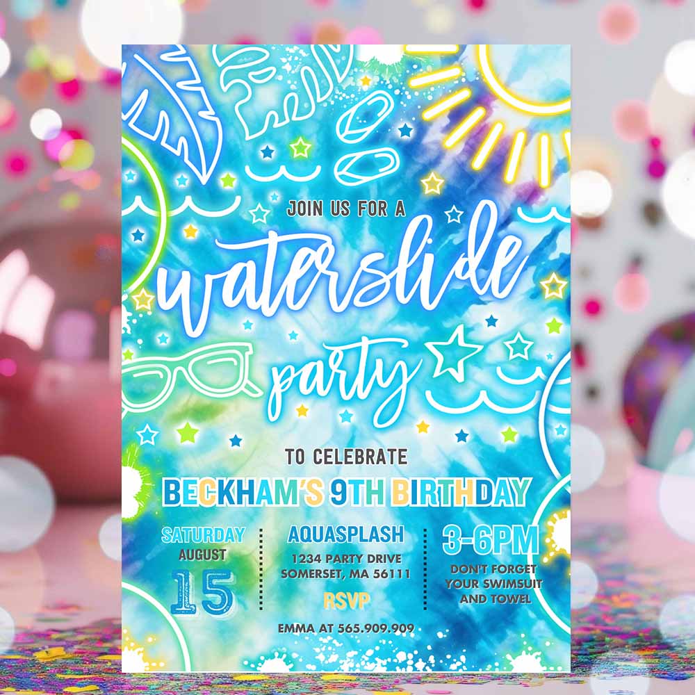 Water Slide Birthday Party Invitation Glow Neon Tie Dye Summer Water Slide Splash Pad Water Park Party