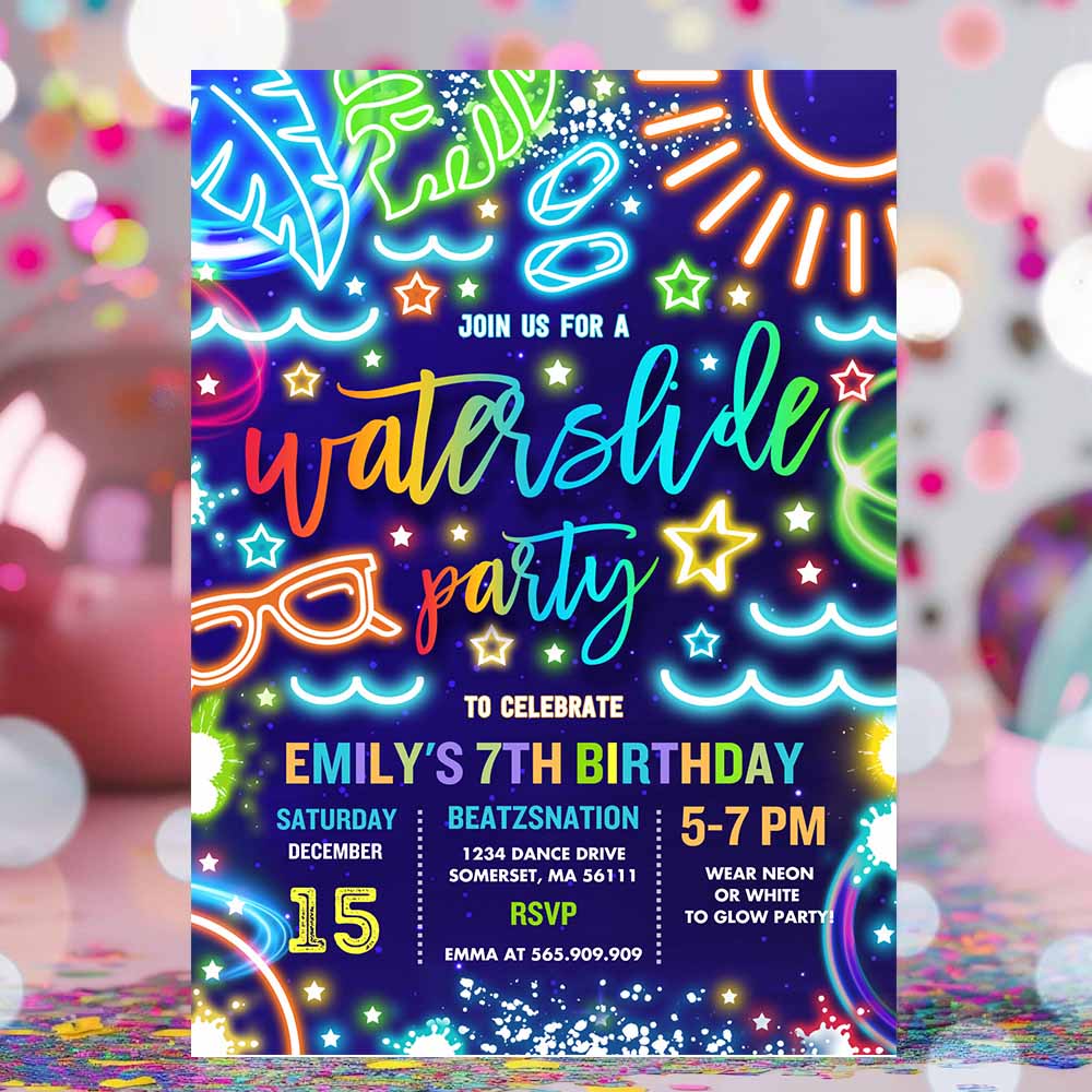 Waterpark Birthday Party Invitation Glow Neon Tie Dye Summer Waterpark Splash Pad Waterslide Party