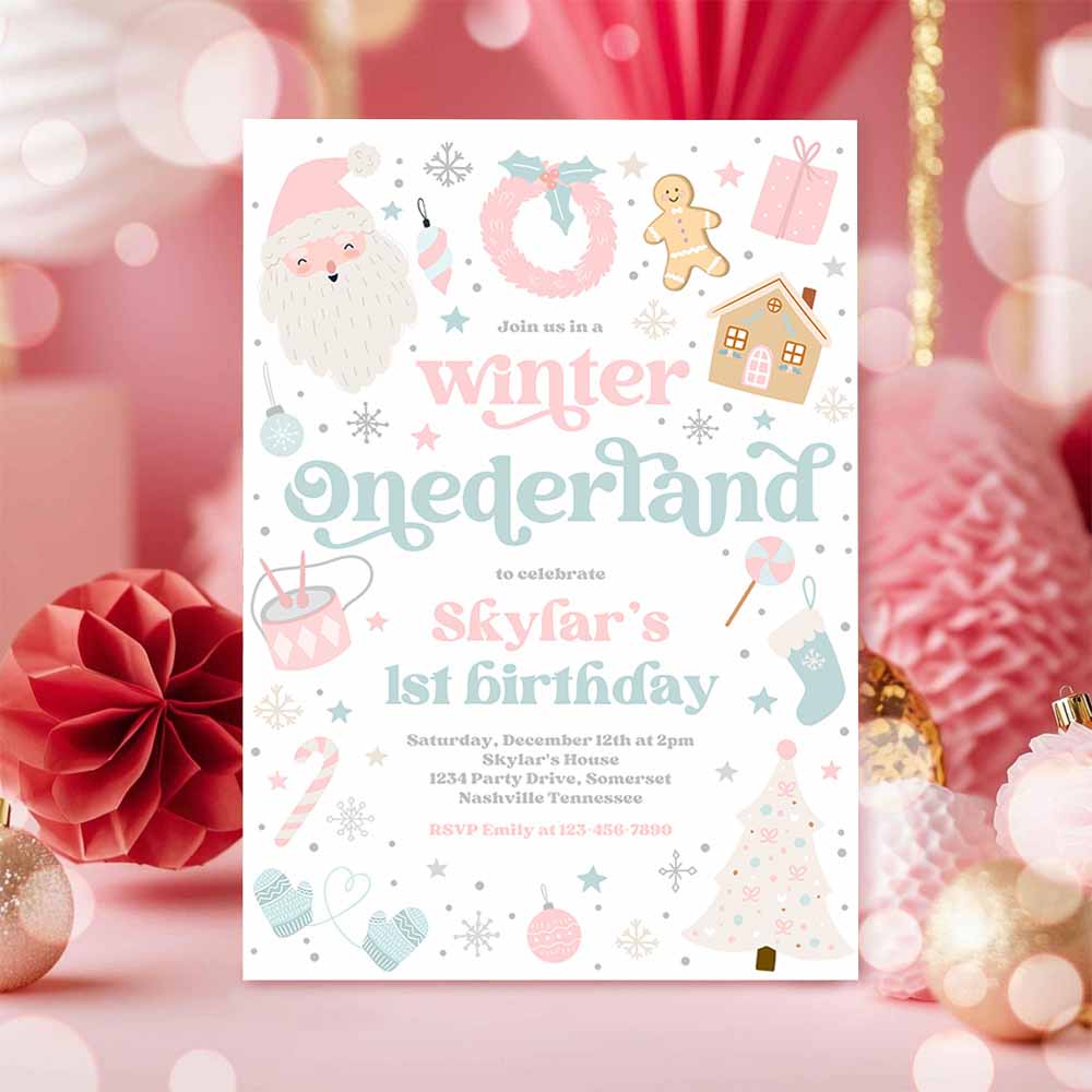 Winter ONEderland Birthday Party Invitation Christmas Pink And Blue Winter Onderland 1st Birthday Party