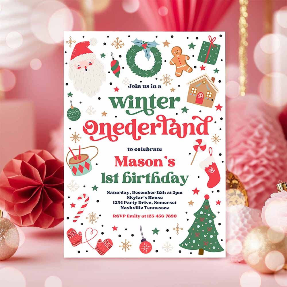 Winter ONEderland Birthday Party Invitation Christmas Red And Blue Boy 1st Birthday Winter ONEderland Party