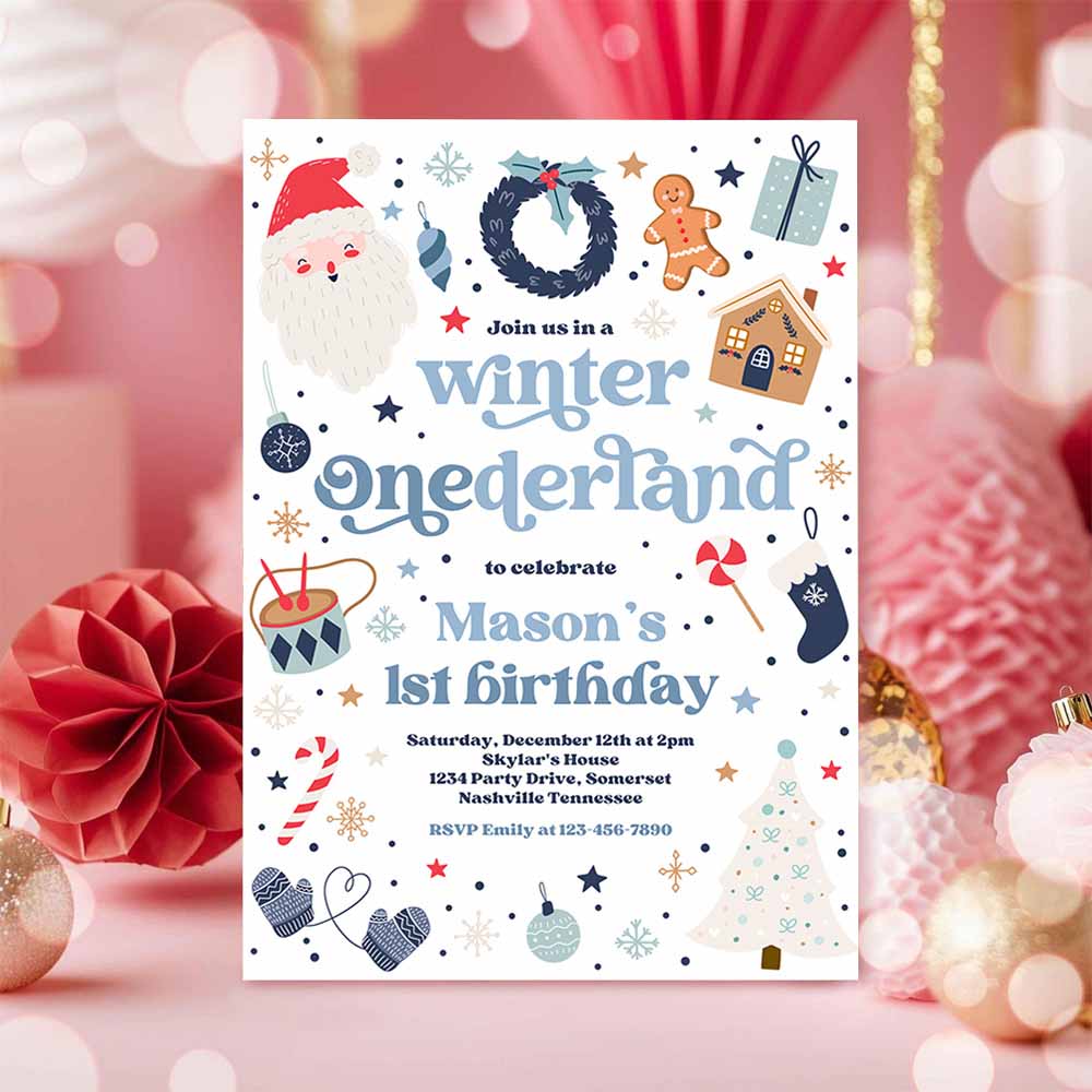 Winter ONEderland Birthday Party Invitation Christmas Red And Blue Boy 1st Birthday Winter ONEderland Party