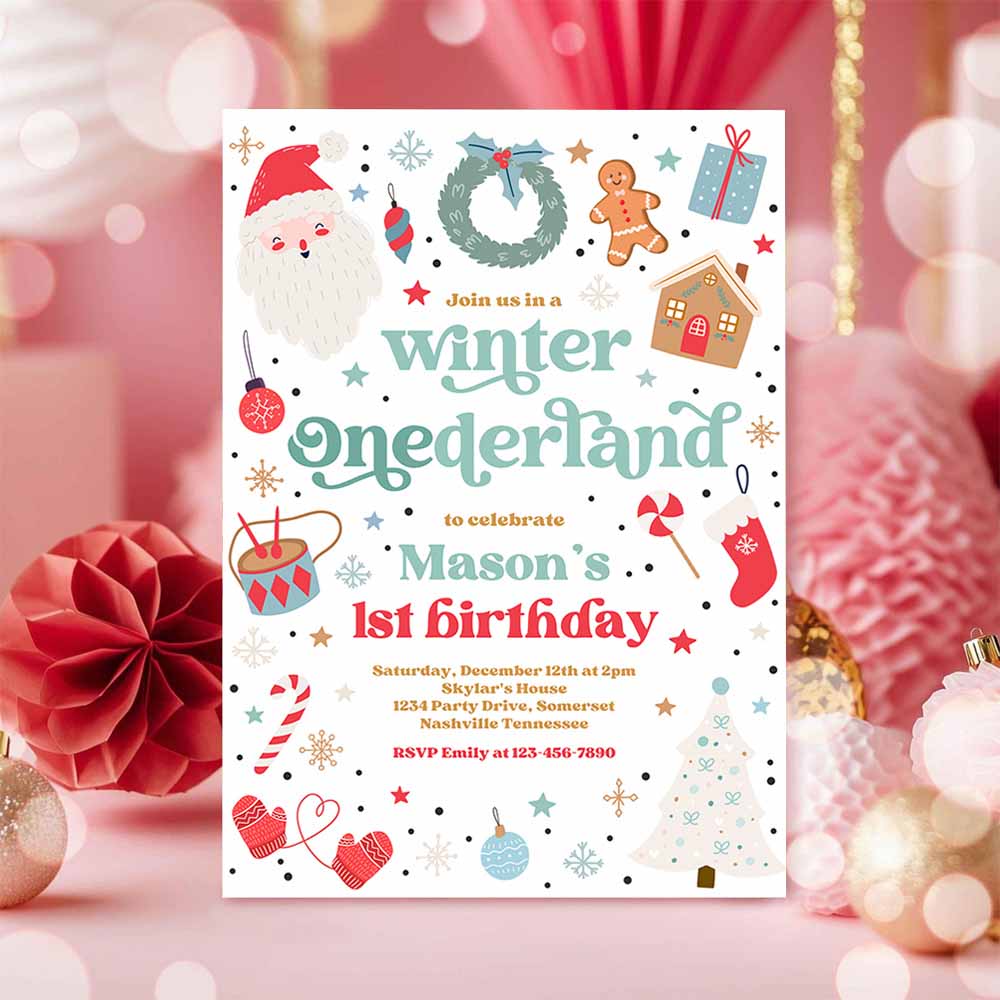 Winter ONEderland Birthday Party Invitation Christmas Red And Blue Boy 1st Birthday Winter ONEderland Party