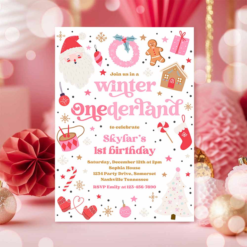 Winter ONEderland Birthday Party Invitation Christmas Red And Pink Girl 1st Birthday Winter ONEderland Party