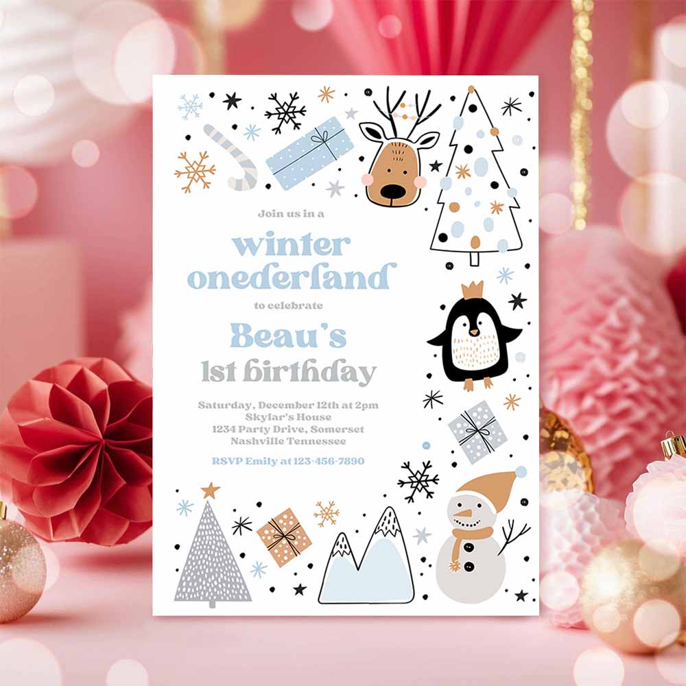 Winter Onederland Invitation Whimsical Winter Forest Mountains Animals Blue Silver Winter ONEderland Birthday