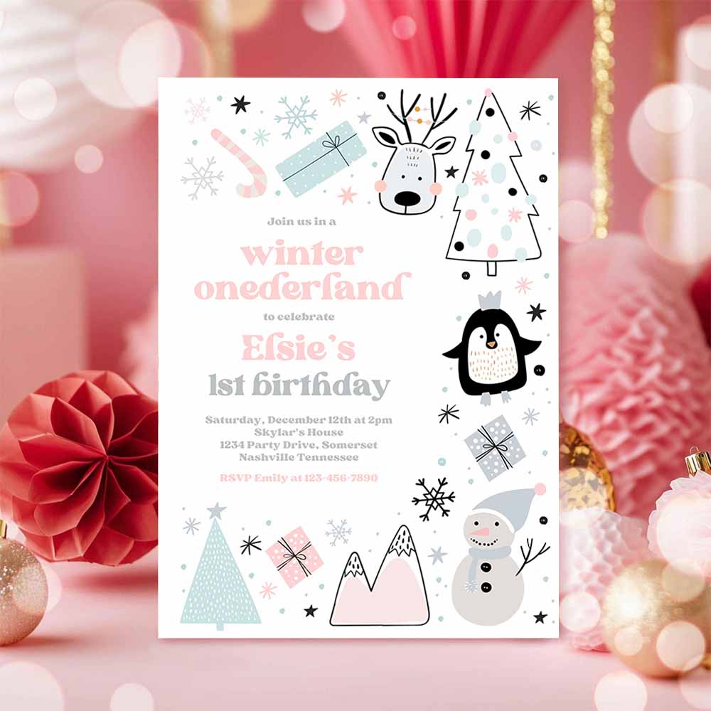 Winter Onederland Invitation Whimsical Winter Forest Mountains Animals Pink Silver Winter ONEderland Birthday