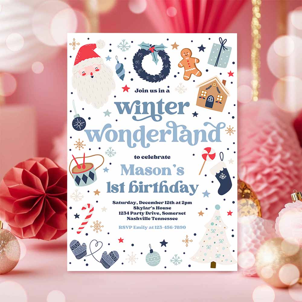 Winter Wonderland Birthday Party Invitation Christmas Blue And Red Boy Winter Wonderland 1st Birthday Party