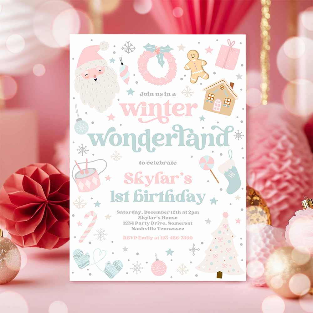 Winter Wonderland Birthday Party Invitation Christmas Pink And Blue Winter Wonderland 1st Birthday Party