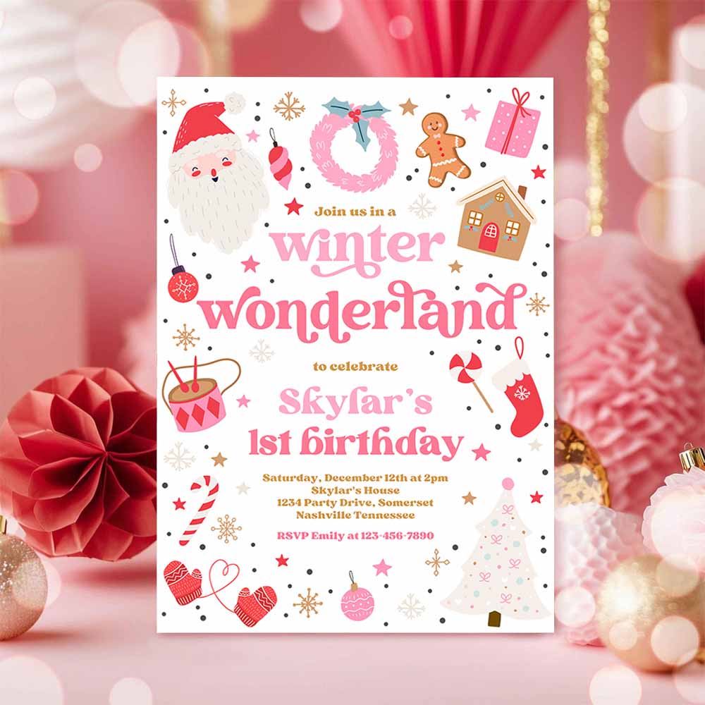 Winter Wonderland Birthday Party Invitation Christmas Pink And Red Girl Winter Wonderland 1st Birthday Party