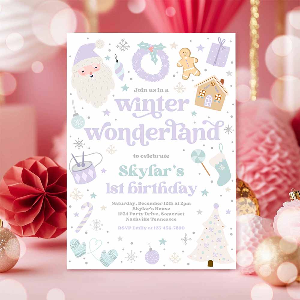 Winter Wonderland Birthday Party Invitation Christmas Purple And Blue Winter Wonderland 1st Birthday Party