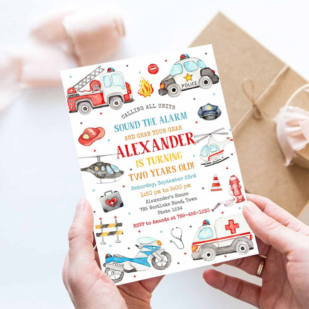 Emergency Vehicles Birthday Boy Invitation, First Responders Invitation, Boy Emergency Vehicles Invitation