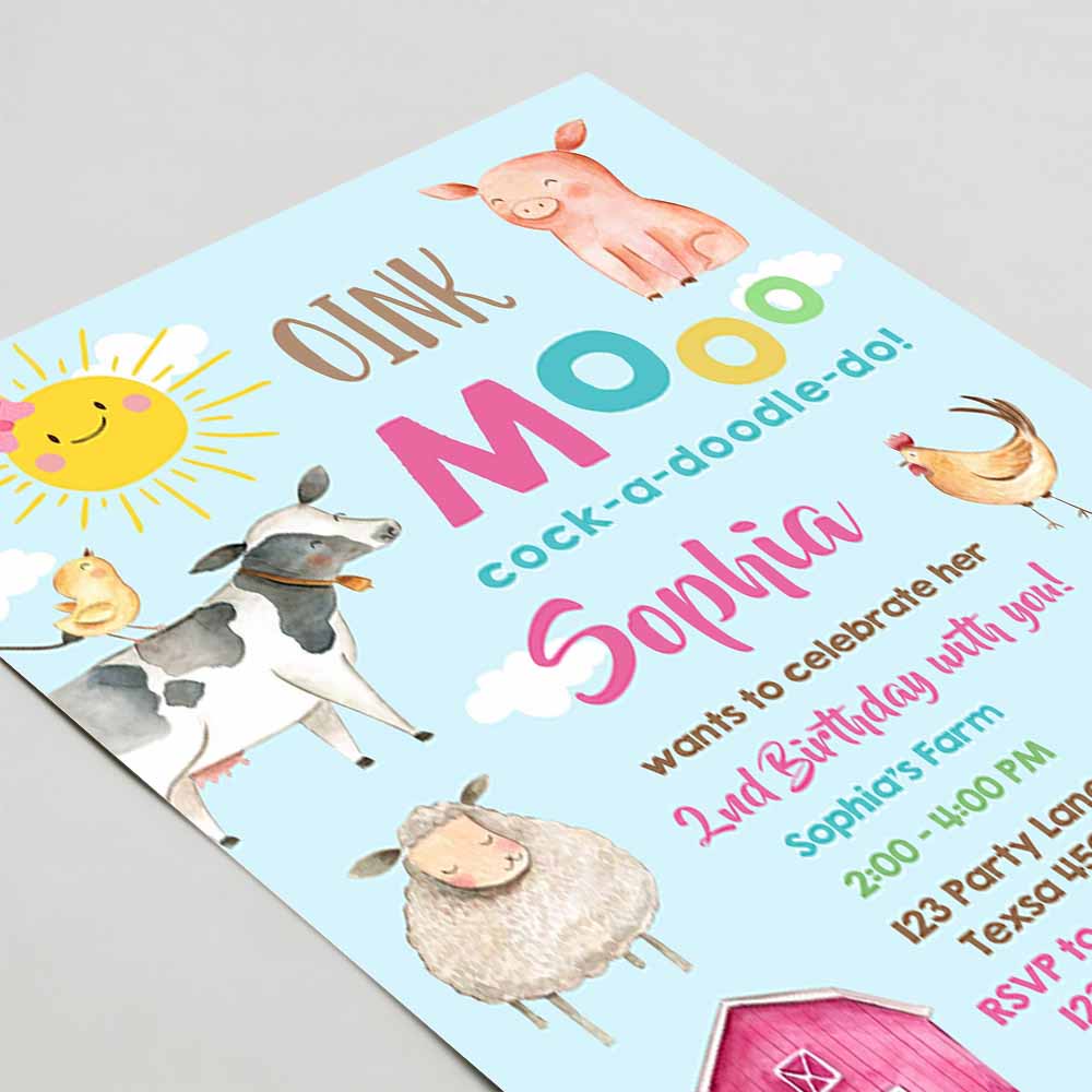 Farm Animals Birthday Invitation, Girl Party Animals Pink Barnyard Party Barn