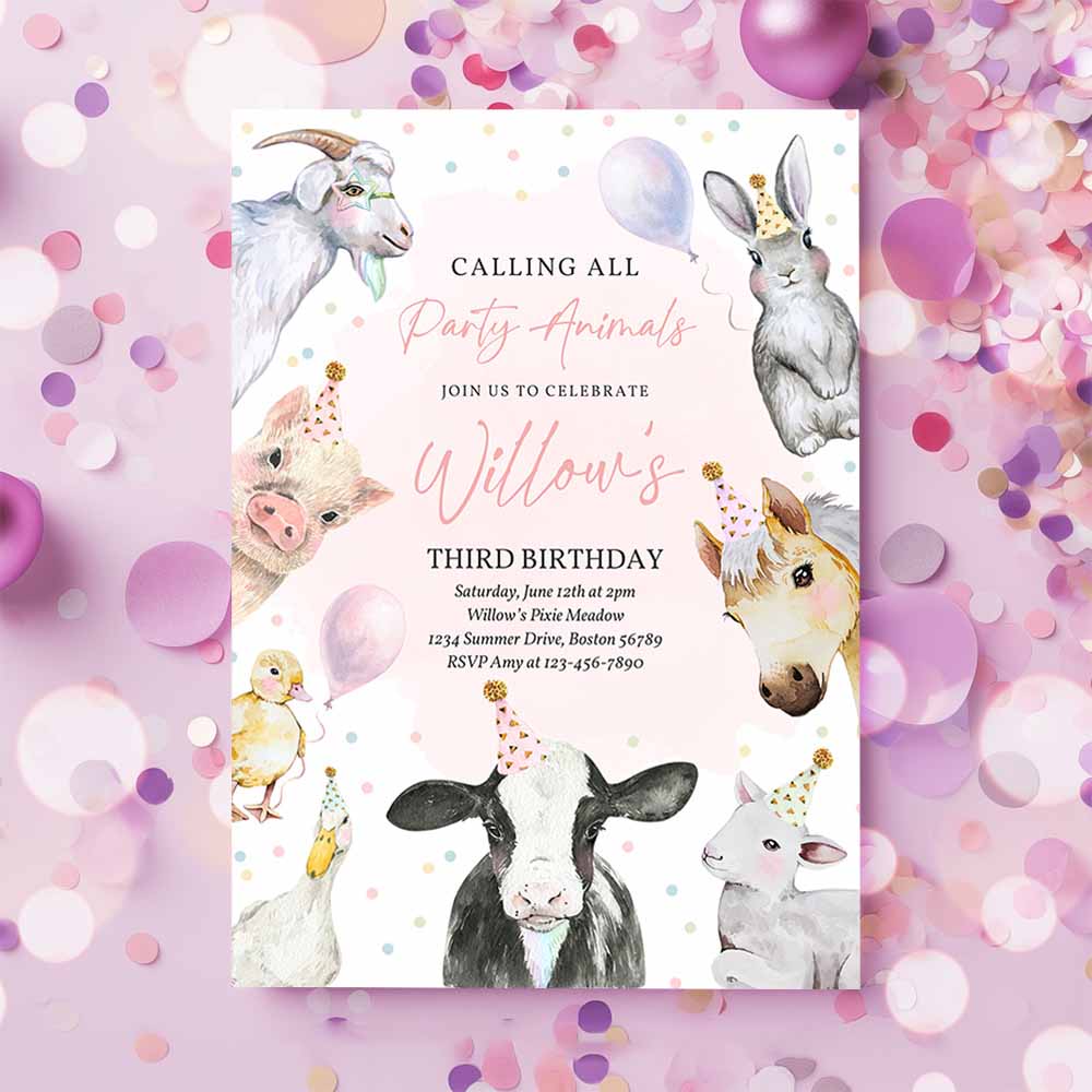 Farm Animals Birthday Party Invitation, Pink Girl Farm Barnyard 1st Birthday Party Animals 1st Birthday Party