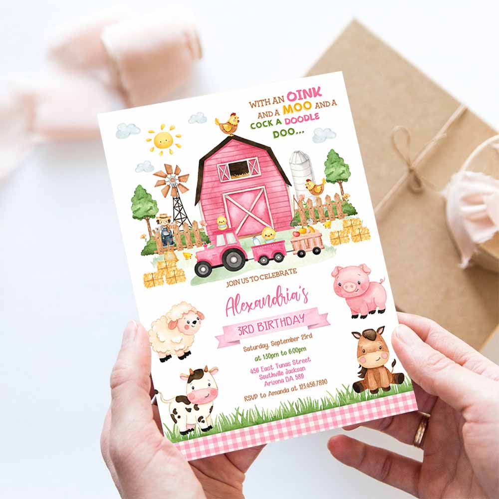 Farm Pink Birthday Invitation, Farm Animals Birthday Invitation, Barnyard Invitation, Farm Invitation