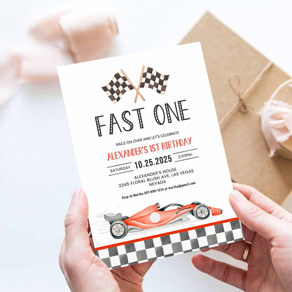 Fast One Racing Car First Birthday Invitation 1st Birthday Invitation Racing Car Vintage Racecar