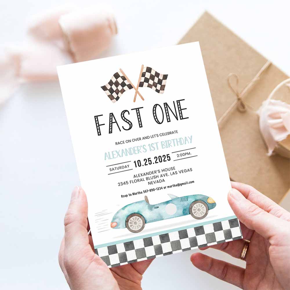 Fast One Racing Car First Birthday Invitation 1st Birthday Invitation Racing Car Vintage Racecar Invite