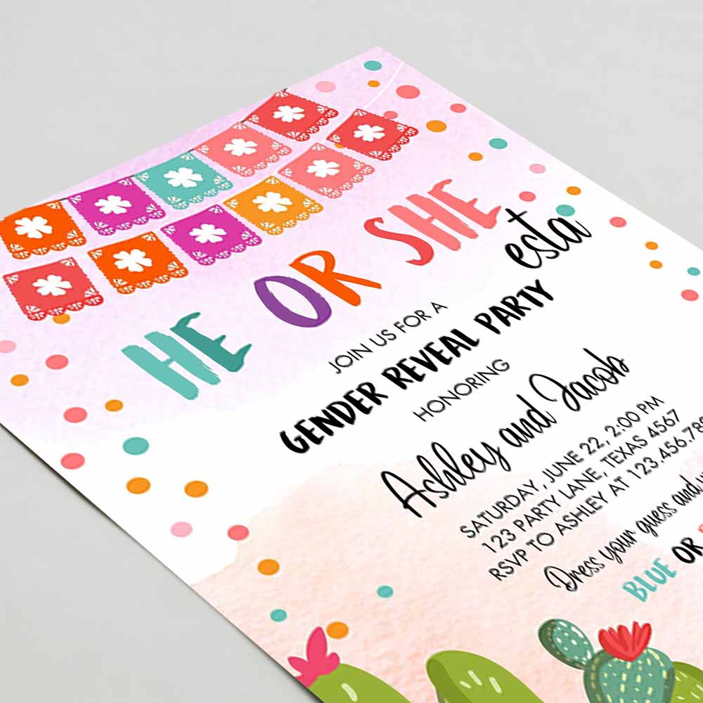 Fiesta Gender Reveal Invitation, He or She Boy or Girl Cactus Mexican She-esta Cactus Blue Pink