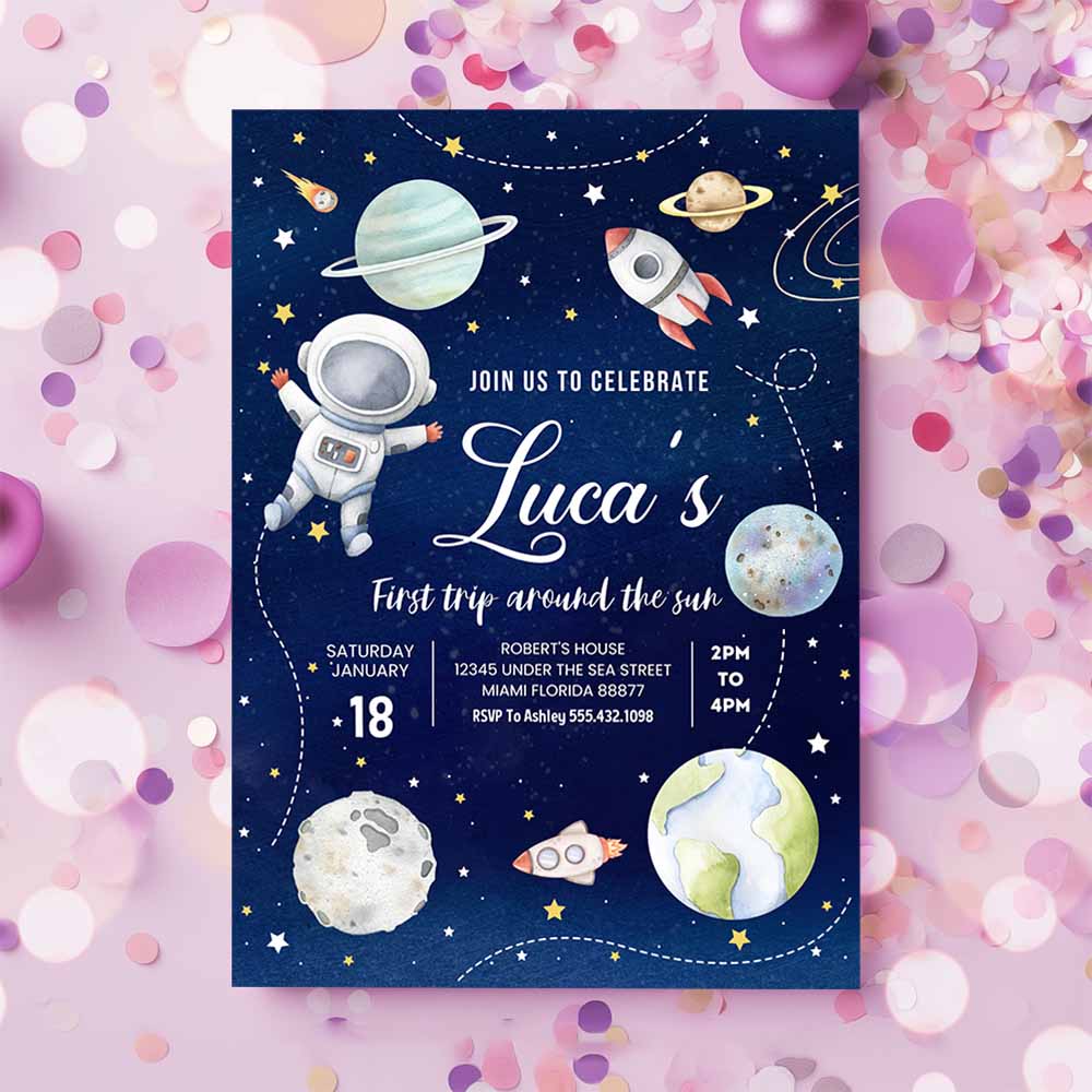 First Trip Around the Sun Outer Space First Birthday Invitation