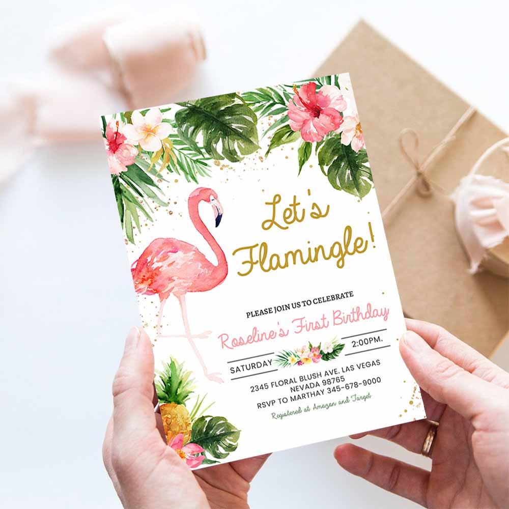 Flamingo Birthday Party Invitation Template,Tropical Birthday Watercolor Invite, 1st Birthday Summer