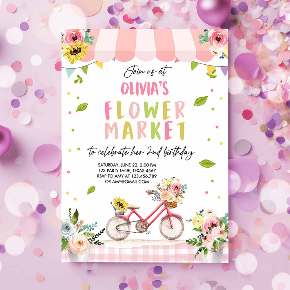 Flower Market Birthday Invitation, Home Grown Farmers Farm Floral Market Girl Pink