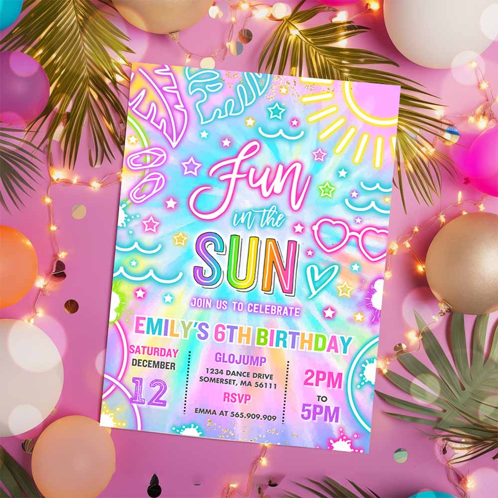 Fun In The Sun Pool Birthday Party Invitation, Glow Neon Tie Dye Summer Waterslide Waterpark Pool Party