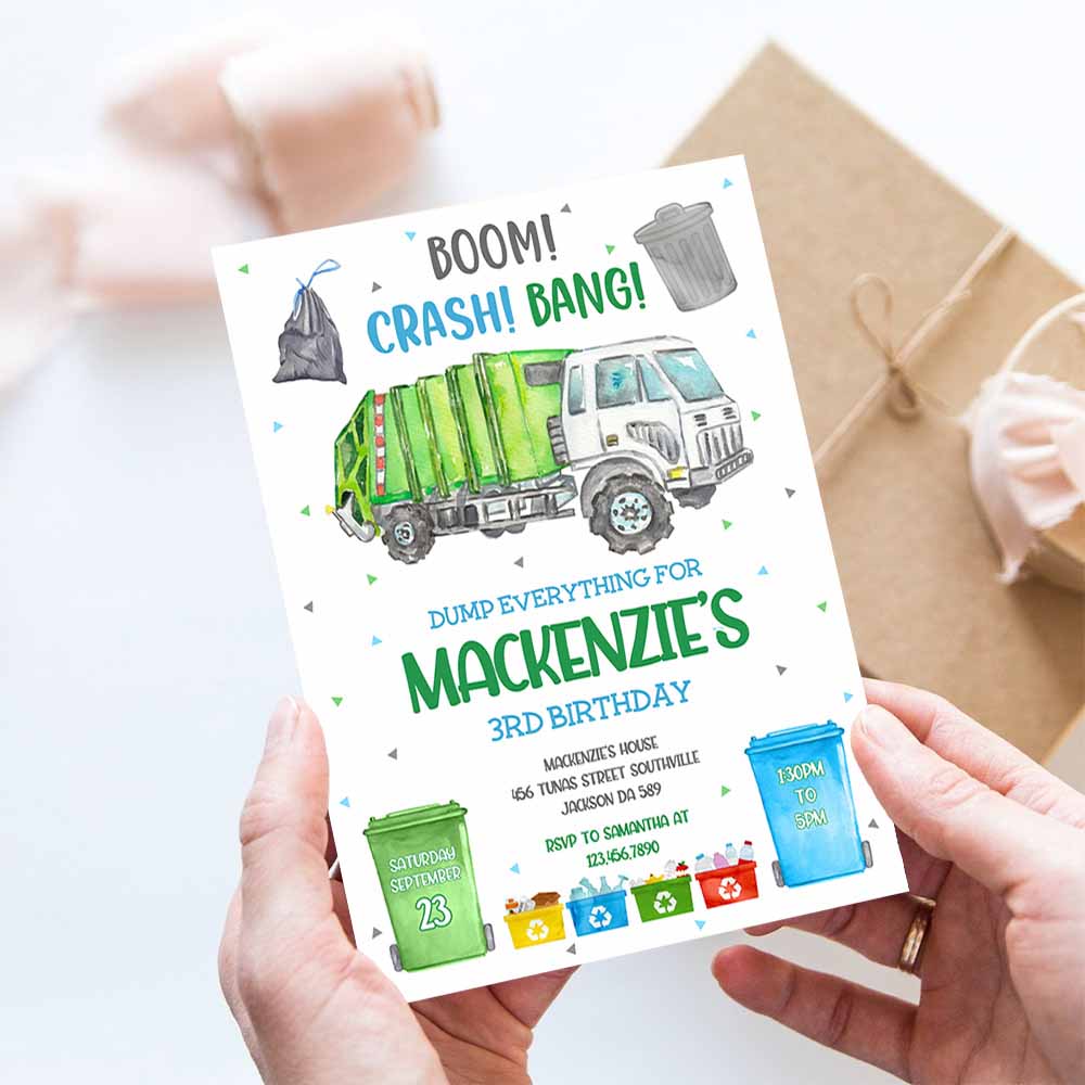 Garbage Truck Birthday Invitation Template, Dump Truck Party Invitation, Garbage Truck