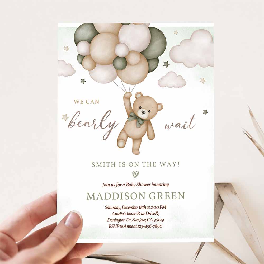 Gender Neutral Bear Baby Shower Invitation, We Can Bearly Wait Baby Shower Invite