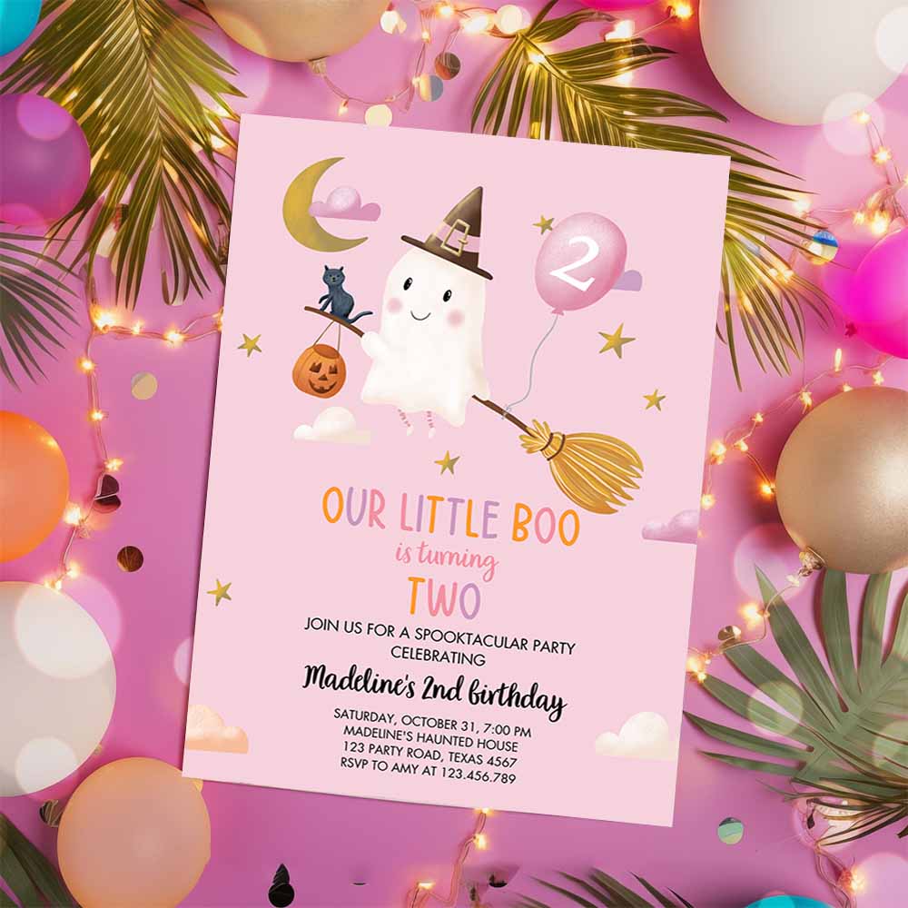 Ghost Halloween 2nd Birthday Invitation, Pink Costume Party Girl Pink Boo Spooktacular Spooky