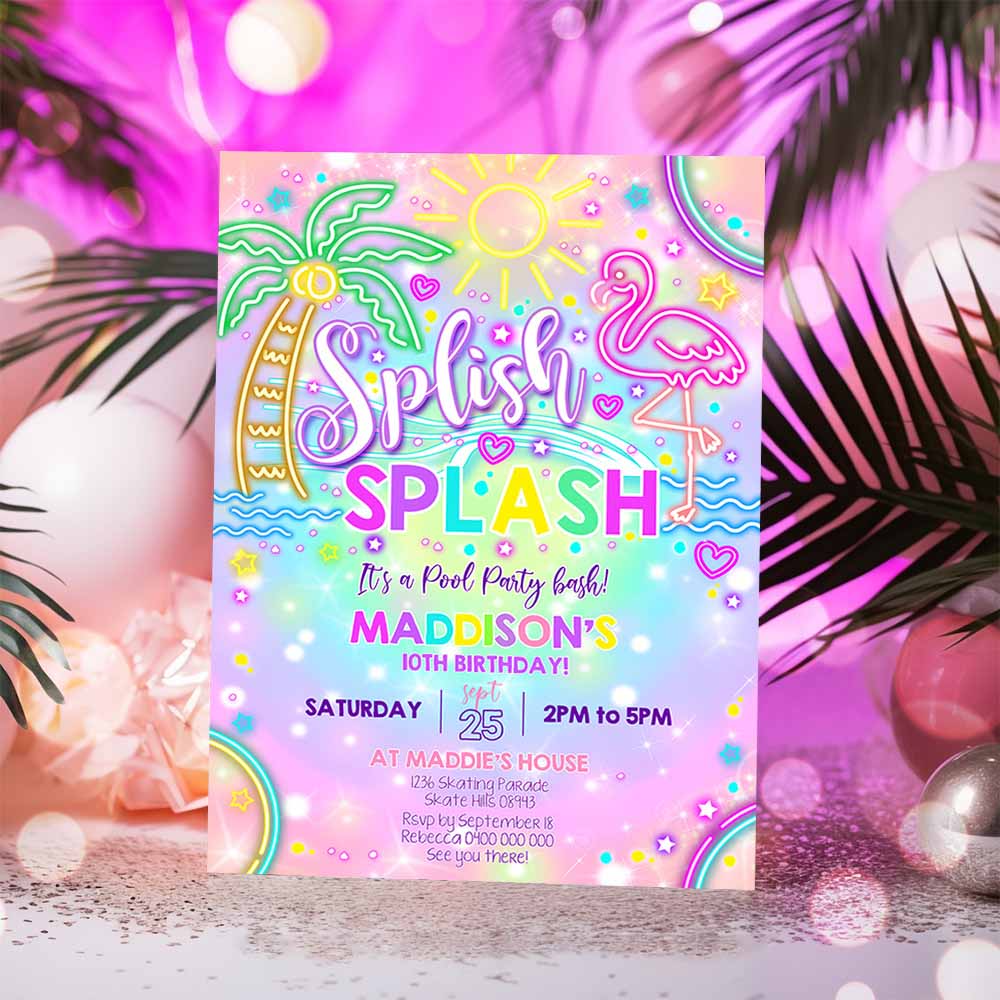 Girl Neon Pool Party Rainbow Neon Splish Splash Party Invitation